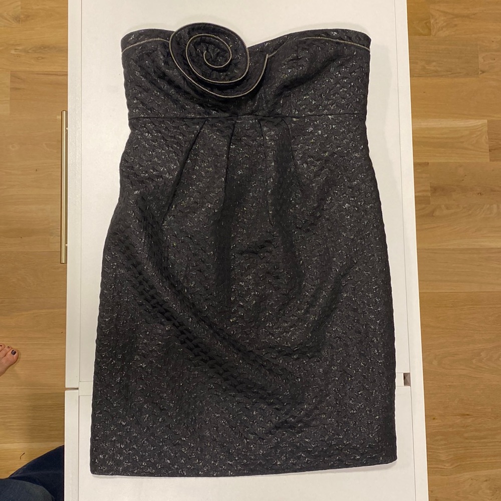 Black strapless cocktail dress with zipper detail